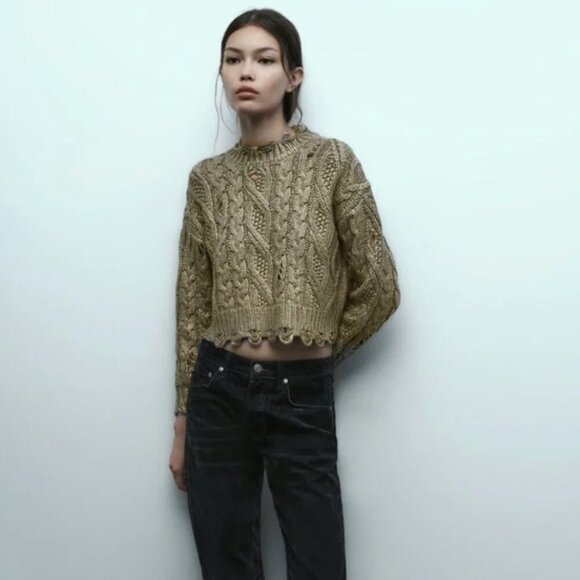 Zara Distressed Metallic Gold Cable Knit Sweater - Picture 2 of 11